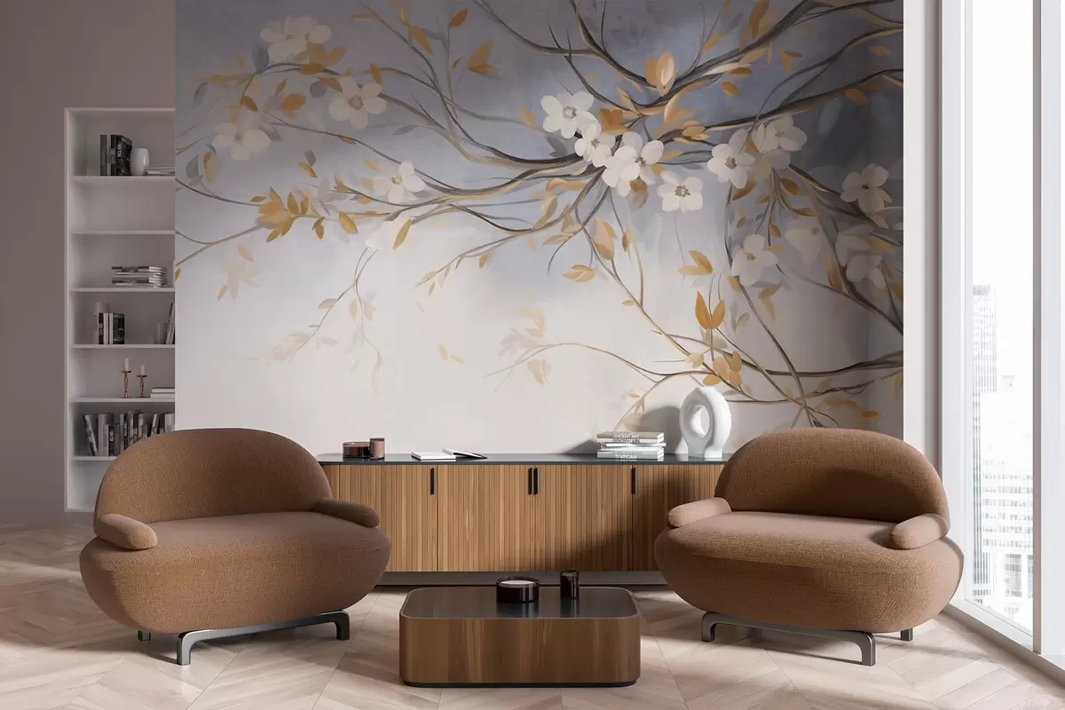 Papier peint Fleurs blanches avec des feuilles orange sur une branche d'arbre, fond texturé bleu clair, coups de pinceau délicats w09415