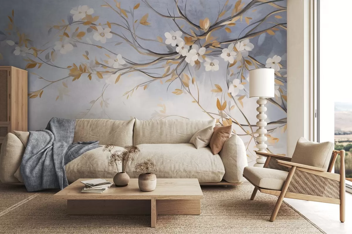Papier peint Fleurs blanches avec des feuilles orange sur une branche d'arbre, fond texturé bleu clair, coups de pinceau délicats w09415