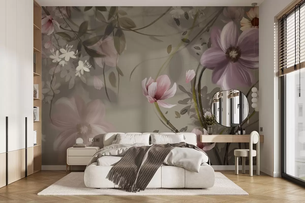 Papier peint Fleurs roses et blanches avec des tiges et des feuilles brunes, éclairage tamisé, couleurs douces, composition florale w09417