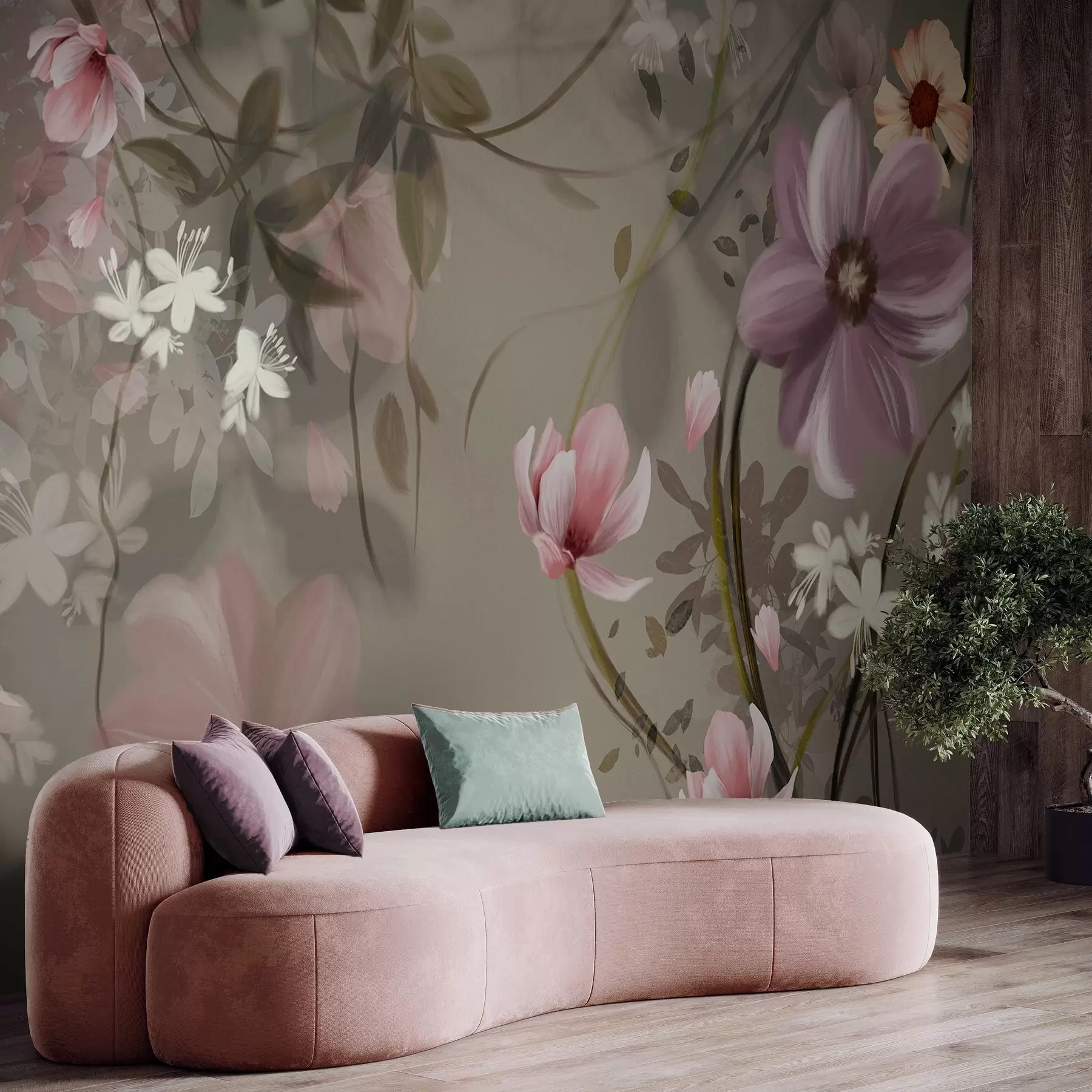 Papier peint Fleurs roses et blanches avec des tiges et des feuilles brunes, éclairage tamisé, couleurs douces, composition florale w09417