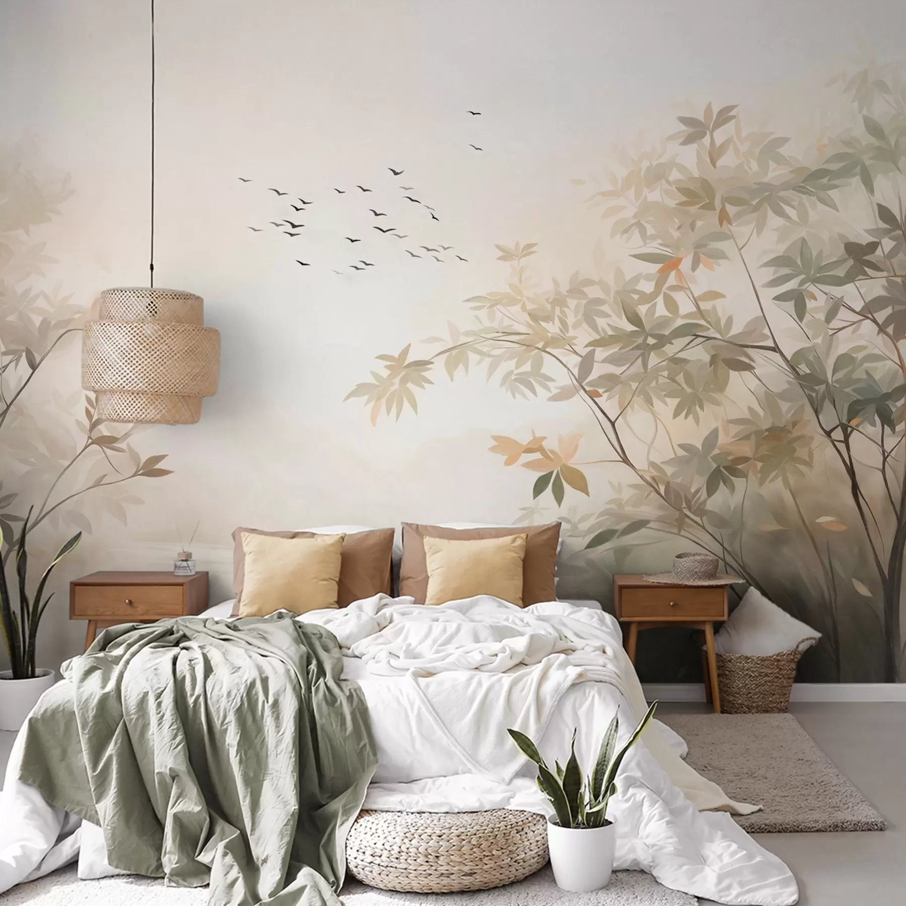 Papier peint Paysage texturé avec des arbres et une volée d'oiseaux volant dans le ciel, couleurs pastel, scène naturelle  w09418
