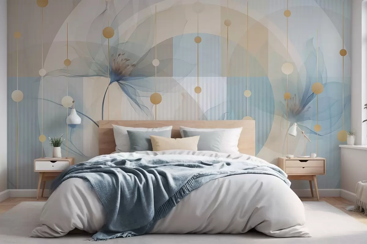 Papier peint Fleurs abstraites translucides, cercles et formes géométriques, palette de couleurs bleu pastel, beige et blanc w09419