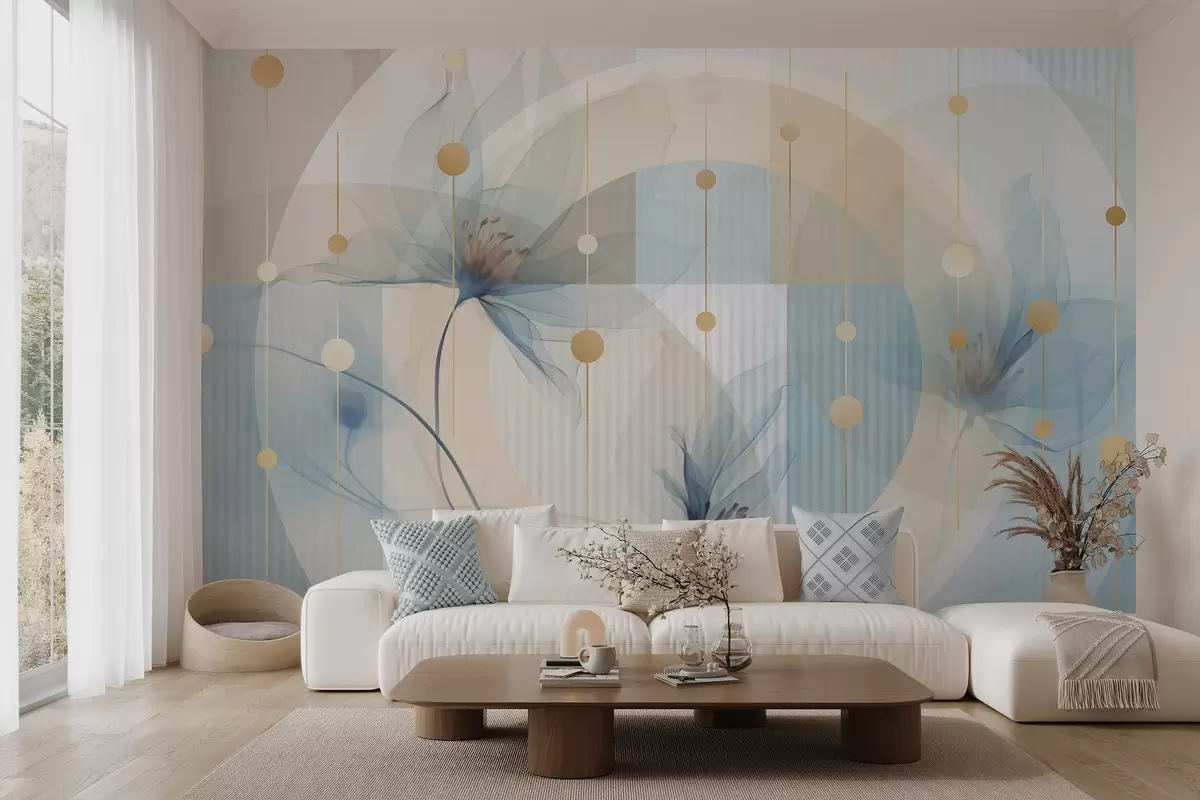 Papier peint Fleurs abstraites translucides, cercles et formes géométriques, palette de couleurs bleu pastel, beige et blanc w09419