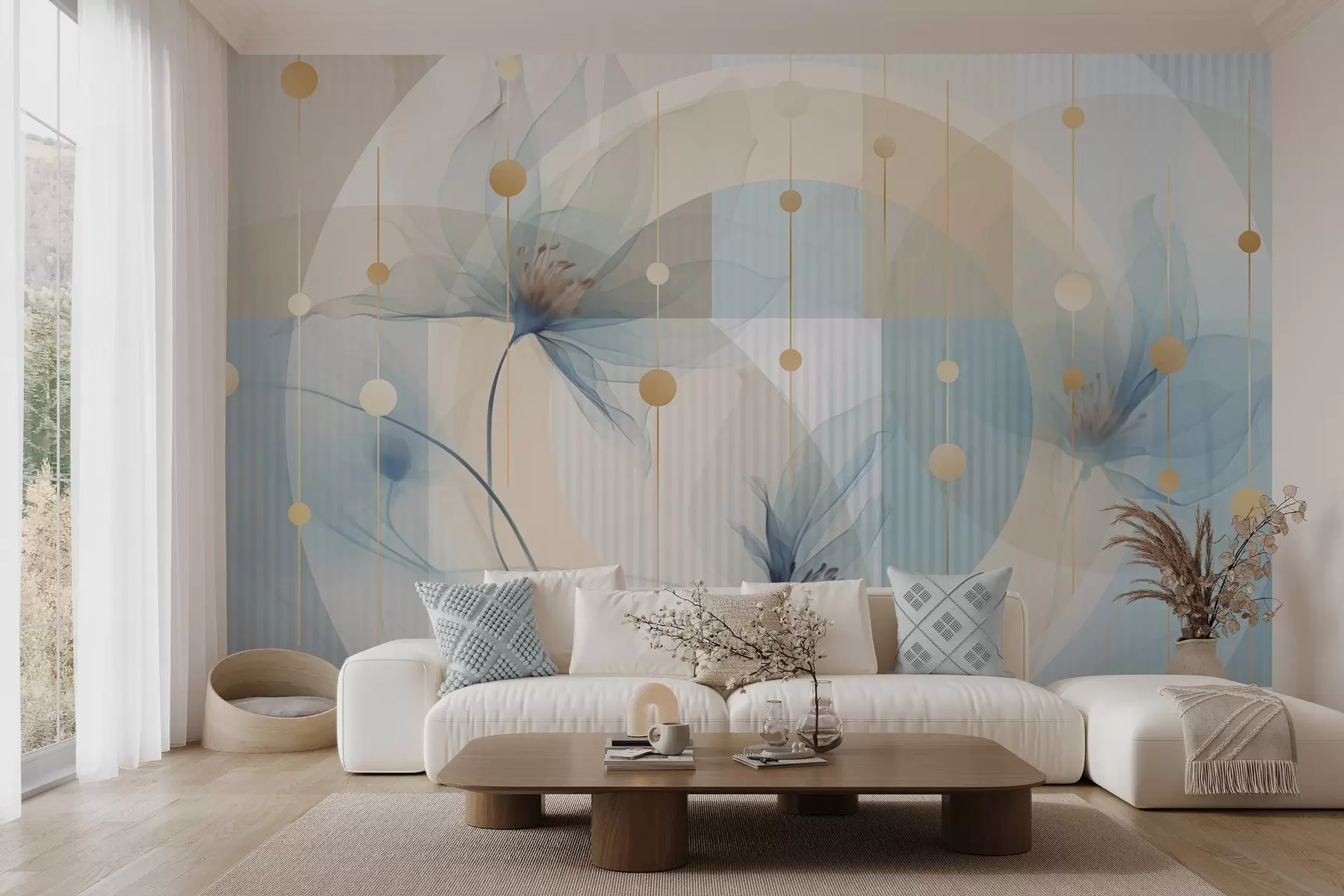 Papier peint Fleurs abstraites translucides, cercles et formes géométriques, palette de couleurs bleu pastel, beige et blanc w09419