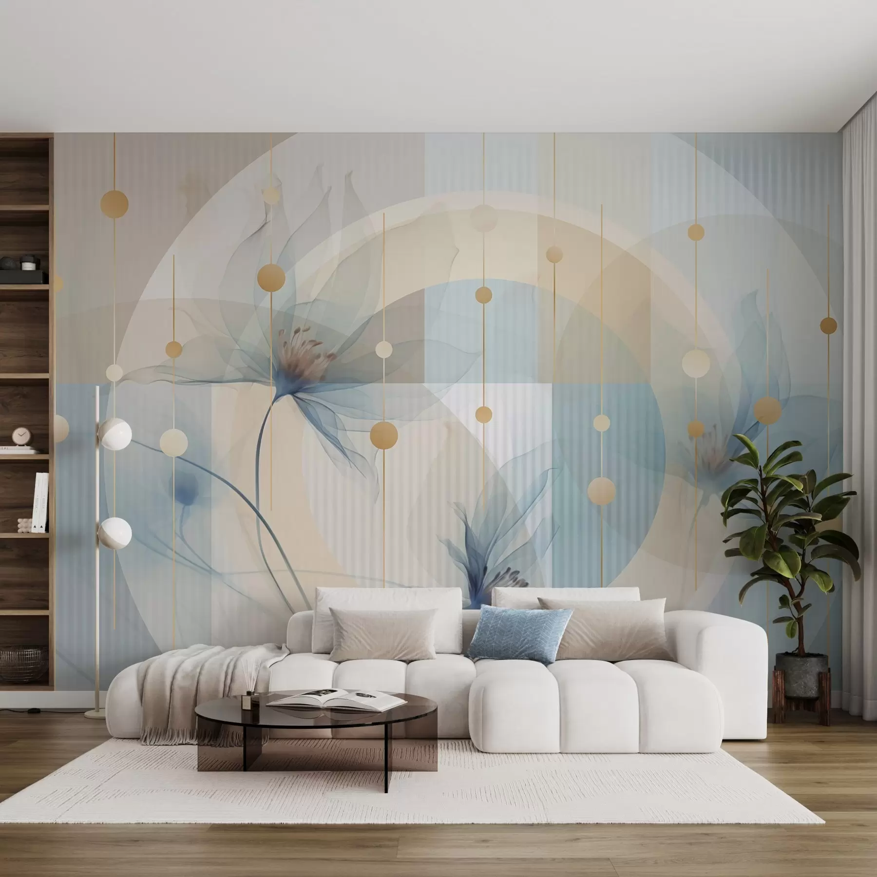 Papier peint Fleurs abstraites translucides, cercles et formes géométriques, palette de couleurs bleu pastel, beige et blanc w09419