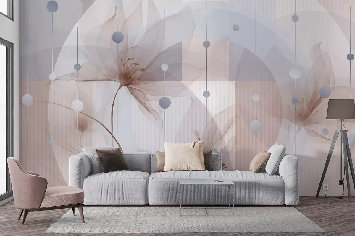Papier peint Fleurs abstraites translucides, cercles et formes géométriques, palette de couleurs bleu pastel, marron et blanc w09419v1
