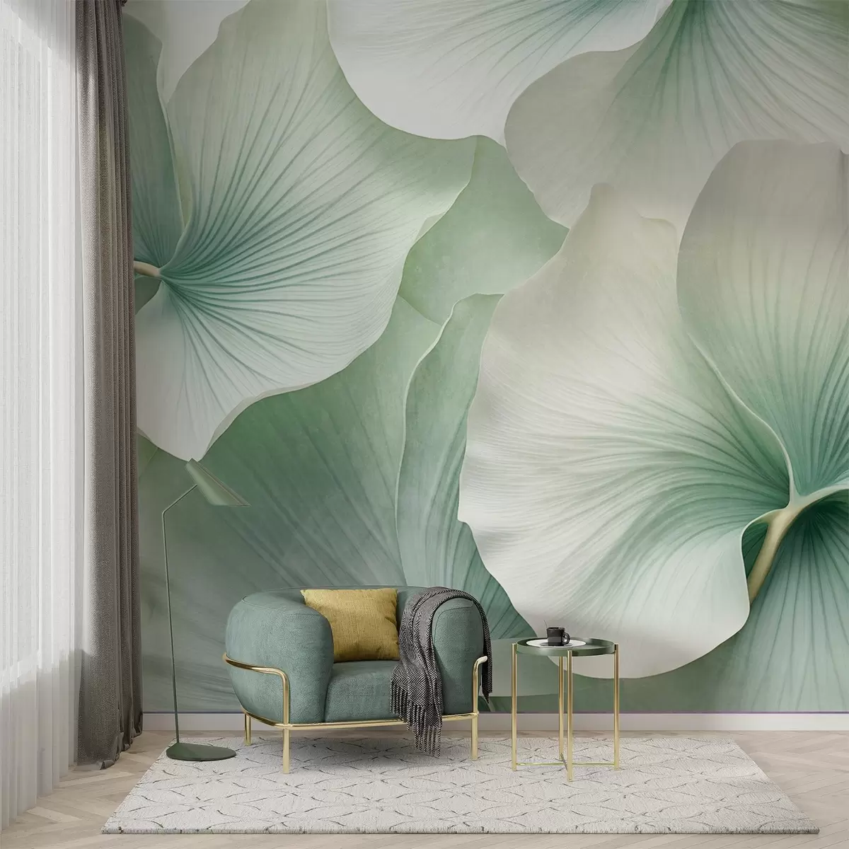 Papier peint Feuilles de ginkgo blanches et vertes, texture douce, fond floral abstrait, style minimaliste moderne w09421