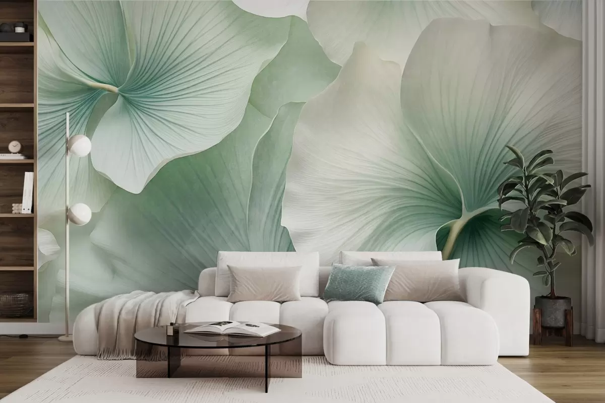 Papier peint Feuilles de ginkgo blanches et vertes, texture douce, fond floral abstrait, style minimaliste moderne w09421