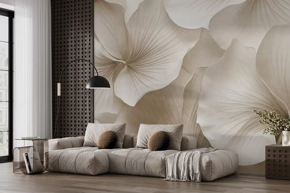 Papier peint Feuilles de ginkgo blanches et beiges, texture douce, fond floral abstrait, style minimaliste moderne w09421v1