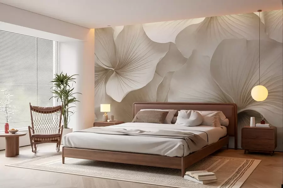 Papier peint Feuilles de ginkgo blanches et beiges, texture douce, fond floral abstrait, style minimaliste moderne w09421v1