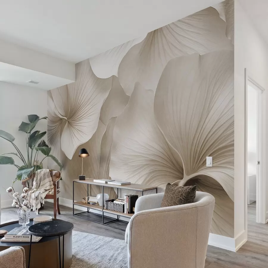 Papier peint Feuilles de ginkgo blanches et beiges, texture douce, fond floral abstrait, style minimaliste moderne w09421v1