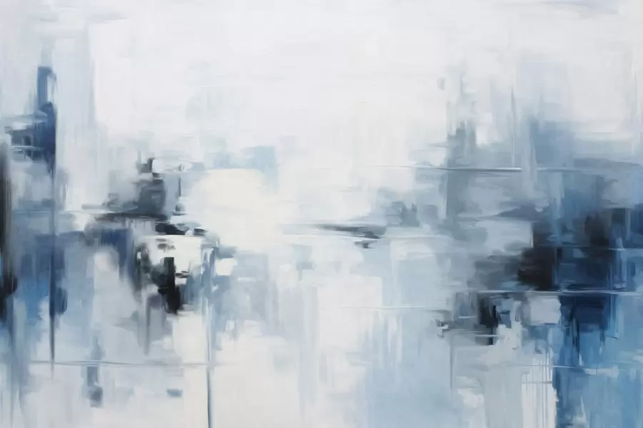 Papier peint Imitation de peinture abstraite texturée représentant un paysage, avec des coups de pinceau bleus et blancs, style moderne w09422