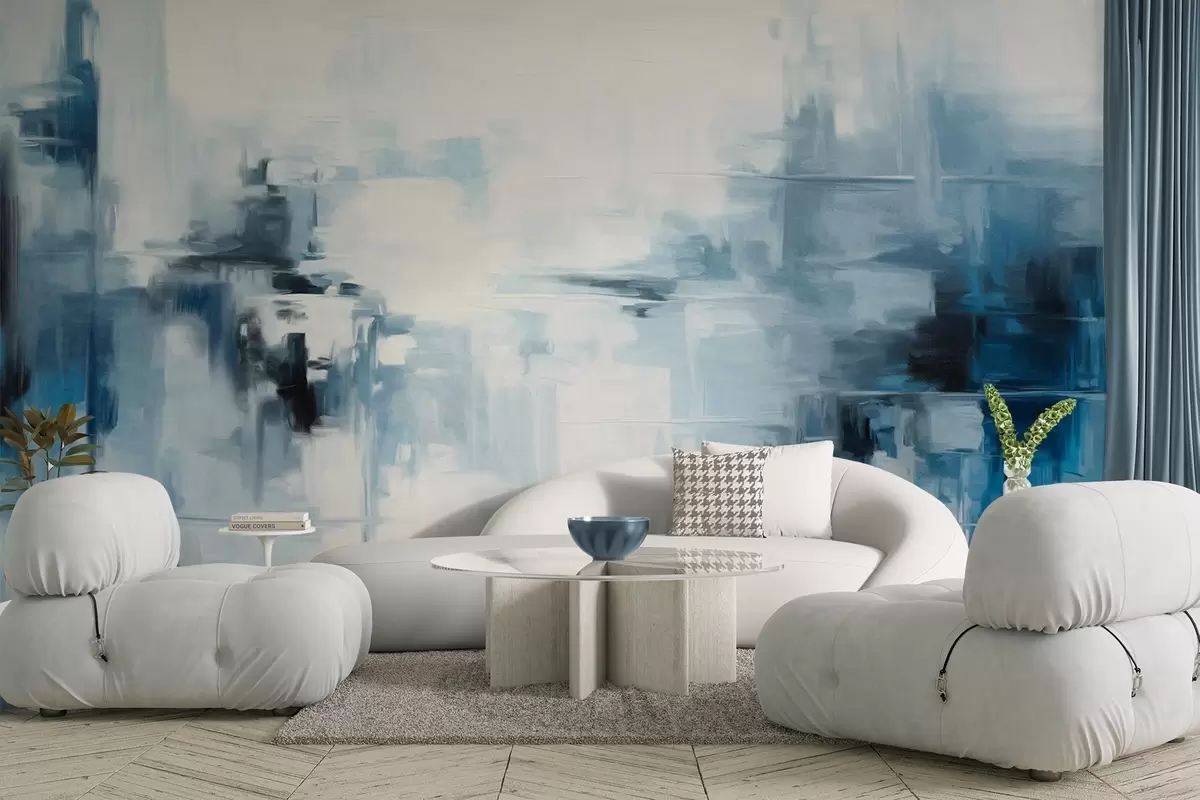 Papier peint Imitation de peinture abstraite texturée représentant un paysage, avec des coups de pinceau bleus et blancs, style moderne w09422