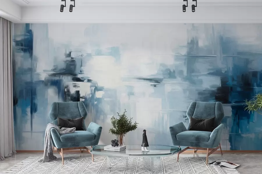 Papier peint Imitation de peinture abstraite texturée représentant un paysage, avec des coups de pinceau bleus et blancs, style moderne w09422