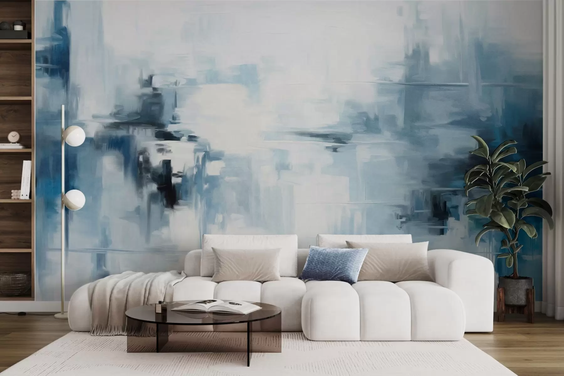 Papier peint Imitation de peinture abstraite texturée représentant un paysage, avec des coups de pinceau bleus et blancs, style moderne w09422