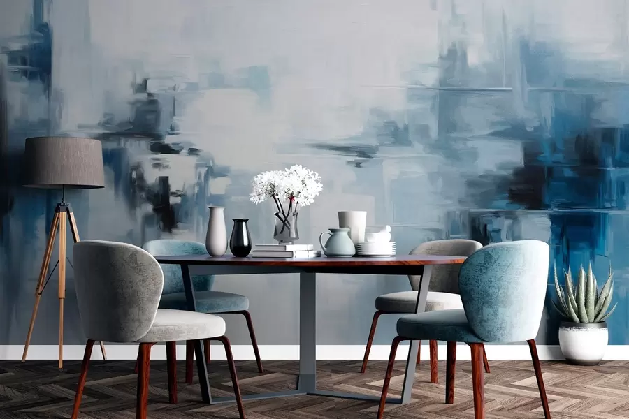 Papier peint Imitation de peinture abstraite texturée représentant un paysage, avec des coups de pinceau bleus et blancs, style moderne w09422