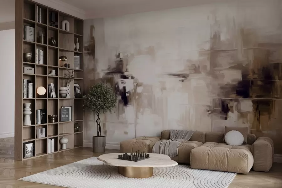 Papier peint Imitation de peinture abstraite texturée représentant un paysage, avec des coups de pinceau bruns et blancs, style moderne w09422v1