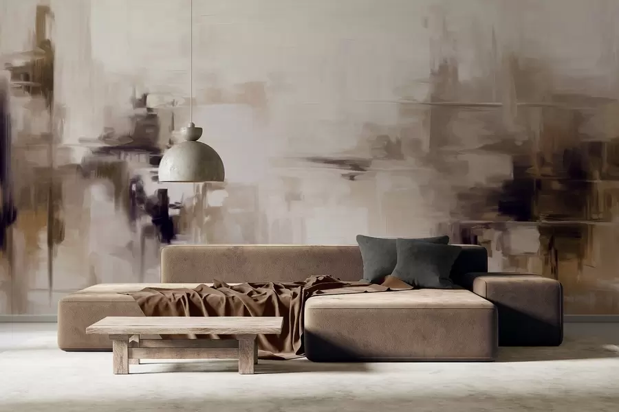 Papier peint Imitation de peinture abstraite texturée représentant un paysage, avec des coups de pinceau bruns et blancs, style moderne w09422v1