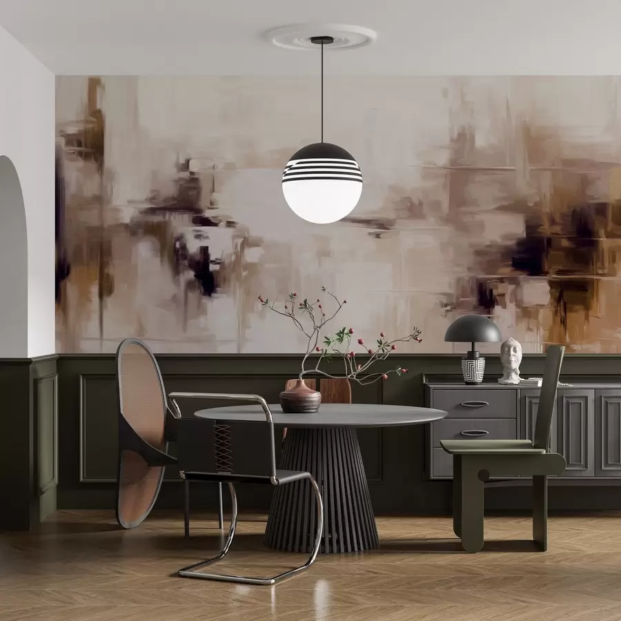 Papier peint Imitation de peinture abstraite texturée représentant un paysage, avec des coups de pinceau bruns et blancs, style moderne w09422v1