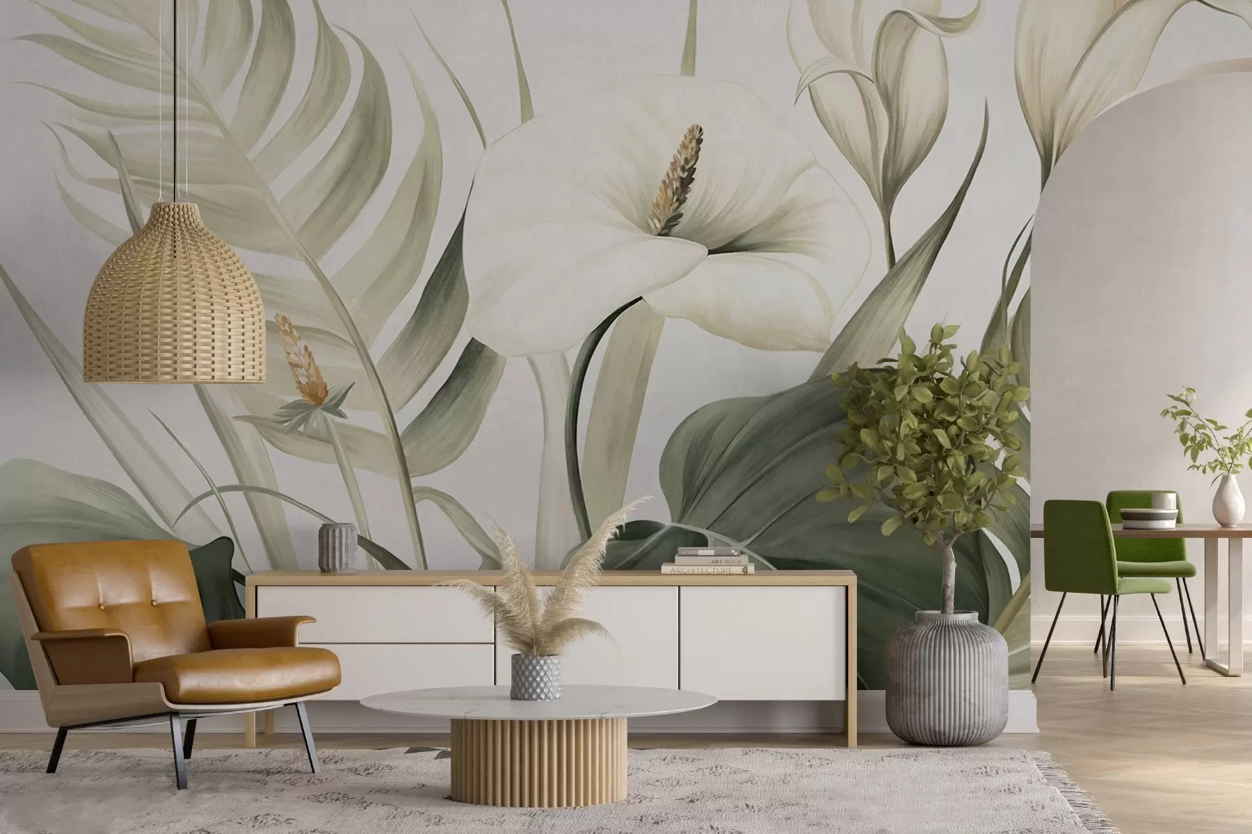 Papier peint Lys calla blancs et feuilles tropicales vertes, illustration botanique, fond clair, style vintage, texturé w09423