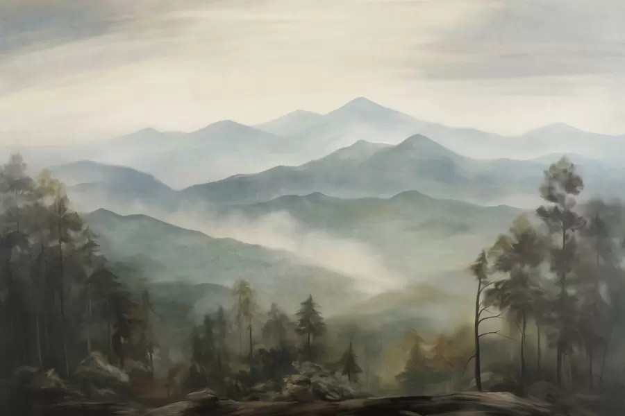 Papier peint Chaîne de montagnes brumeuse avec des arbres, du brouillard, un ciel nuageux, des couleurs sourdes, style peinture paysagère w09424