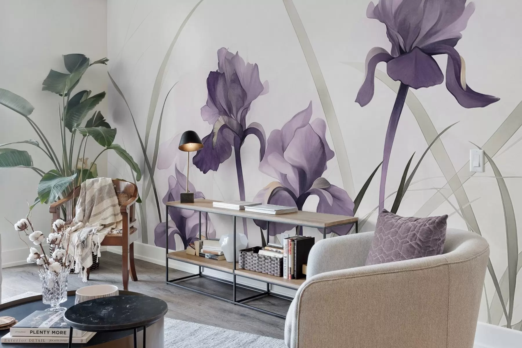 Papier peint Fleurs d'iris violettes avec tiges vertes, style aquarelle, fond blanc, couleurs douces, élégant, artistique w09425