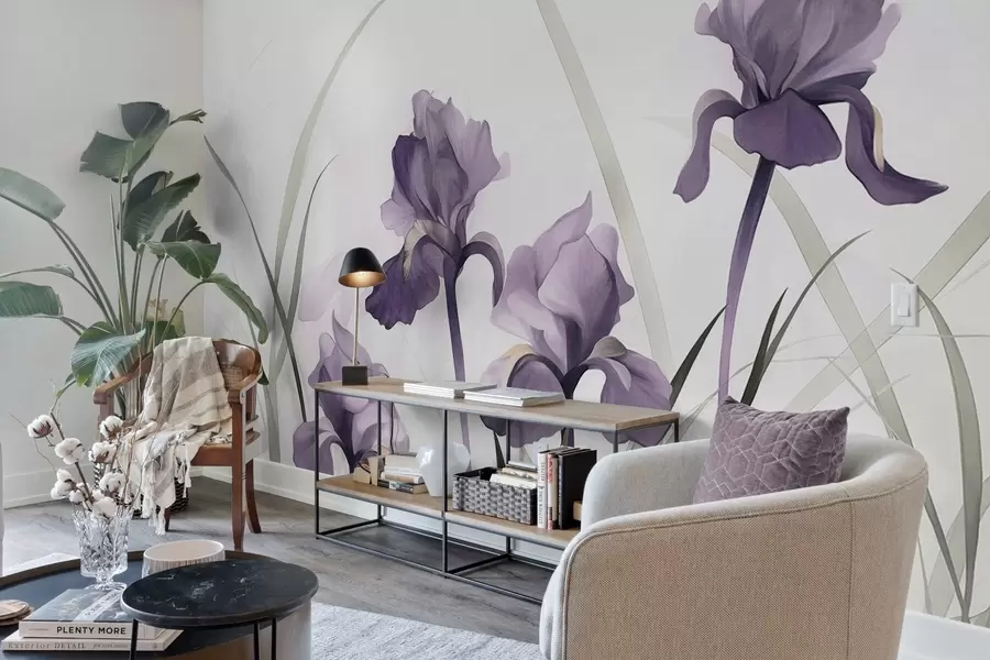 Papier peint Fleurs d'iris violettes avec tiges vertes, style aquarelle, fond blanc, couleurs douces, élégant, artistique w09425