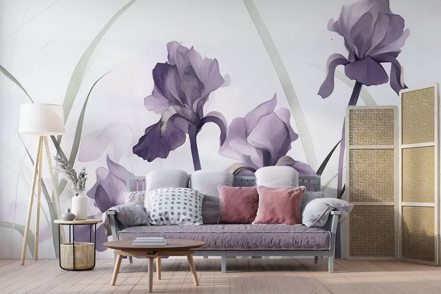 Papier peint Fleurs d'iris violettes avec tiges vertes, style aquarelle, fond blanc, couleurs douces, élégant, artistique w09425