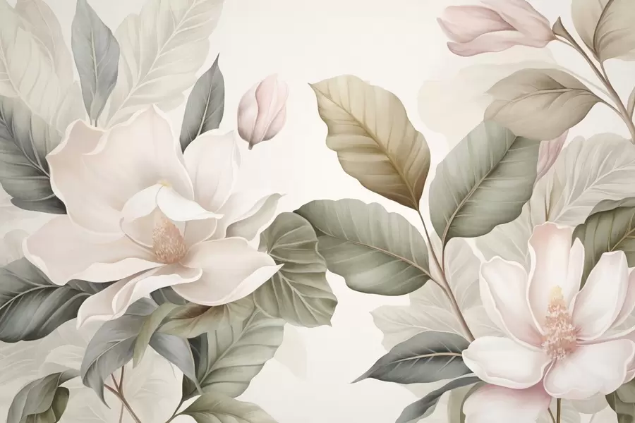 Papier peint Fleurs de magnolia avec des feuilles aux couleurs pastel, blanches, roses et vertes, douces, délicates, style aquarelle w09427