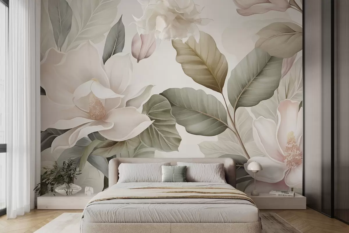 Papier peint Fleurs de magnolia avec des feuilles aux couleurs pastel, blanches, roses et vertes, douces, délicates, style aquarelle w09427