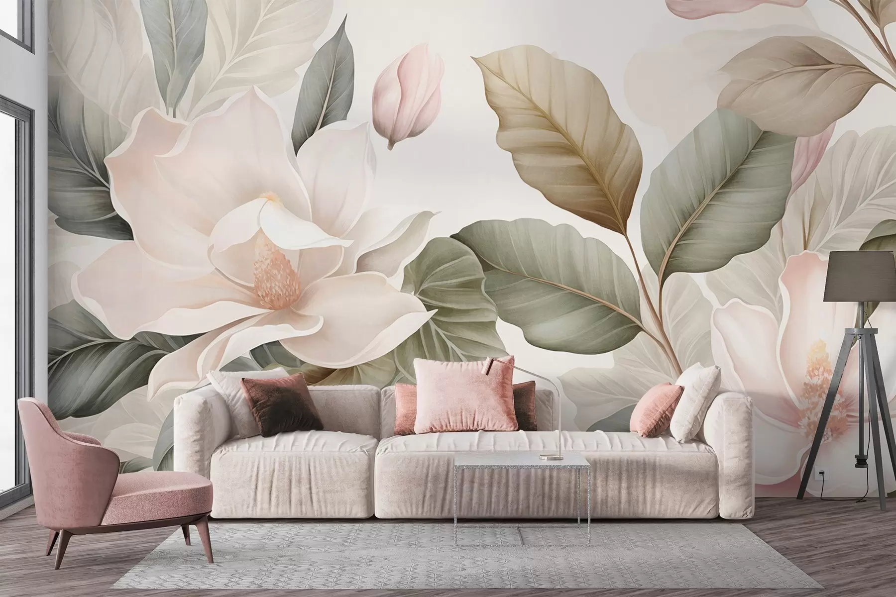 Papier peint Fleurs de magnolia avec des feuilles aux couleurs pastel, blanches, roses et vertes, douces, délicates, style aquarelle w09427