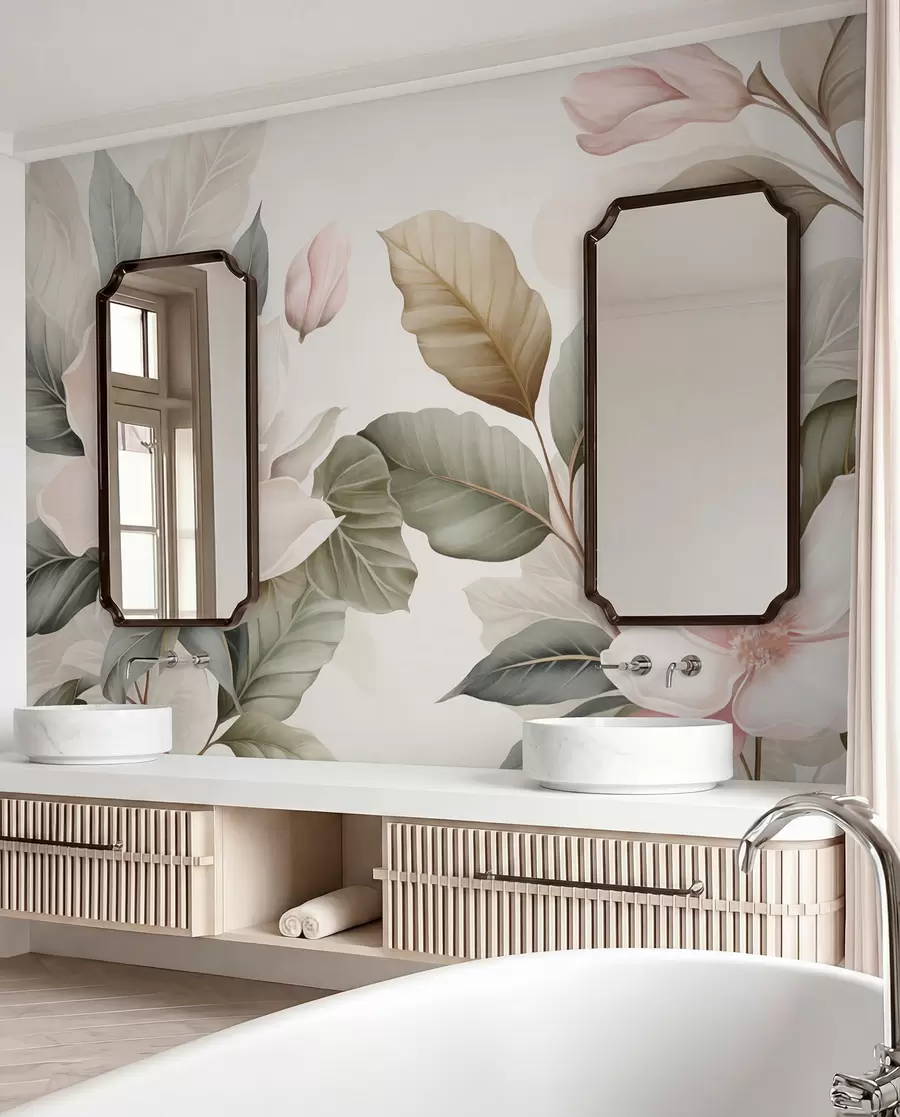 Papier peint Fleurs de magnolia avec des feuilles aux couleurs pastel, blanches, roses et vertes, douces, délicates, style aquarelle w09427