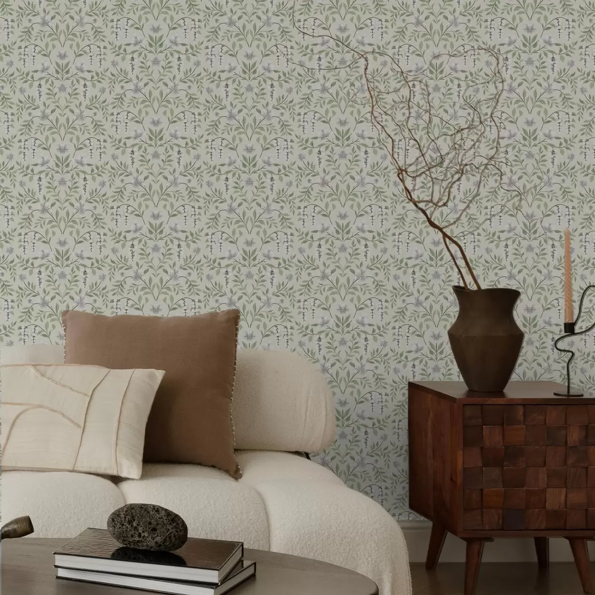 Papier peint Ornement végétal léger avec fleurs blanches, symétrie a00609