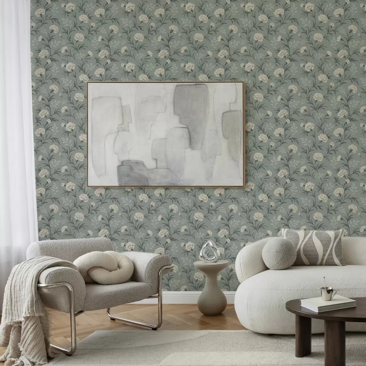 Papier peint Des œillets poudrés sur fond gris-bleu sarcelle, imprimé raffiné a00610