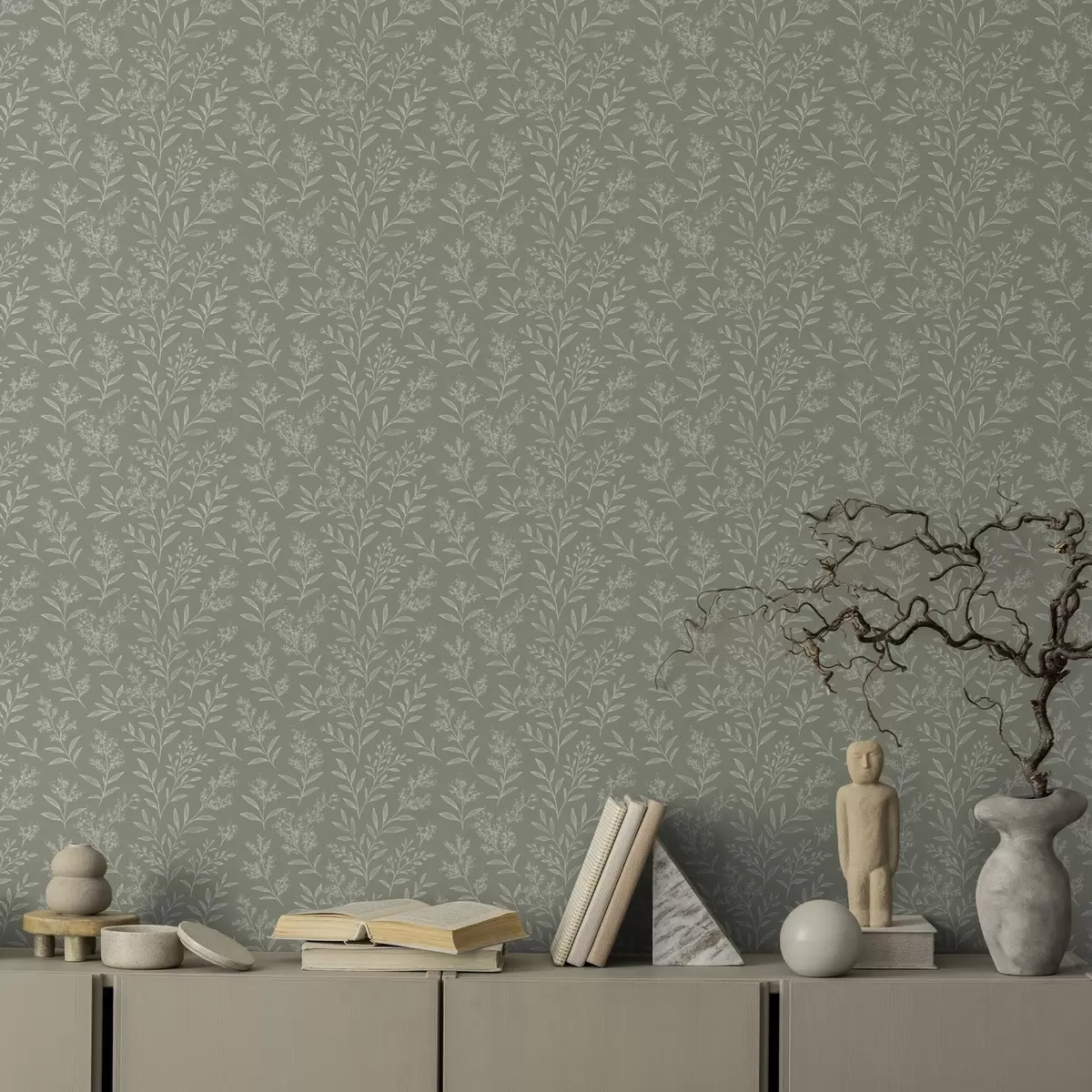 Papier peint Sauge verte : fines herbes et inflorescences, motif délicat a00611