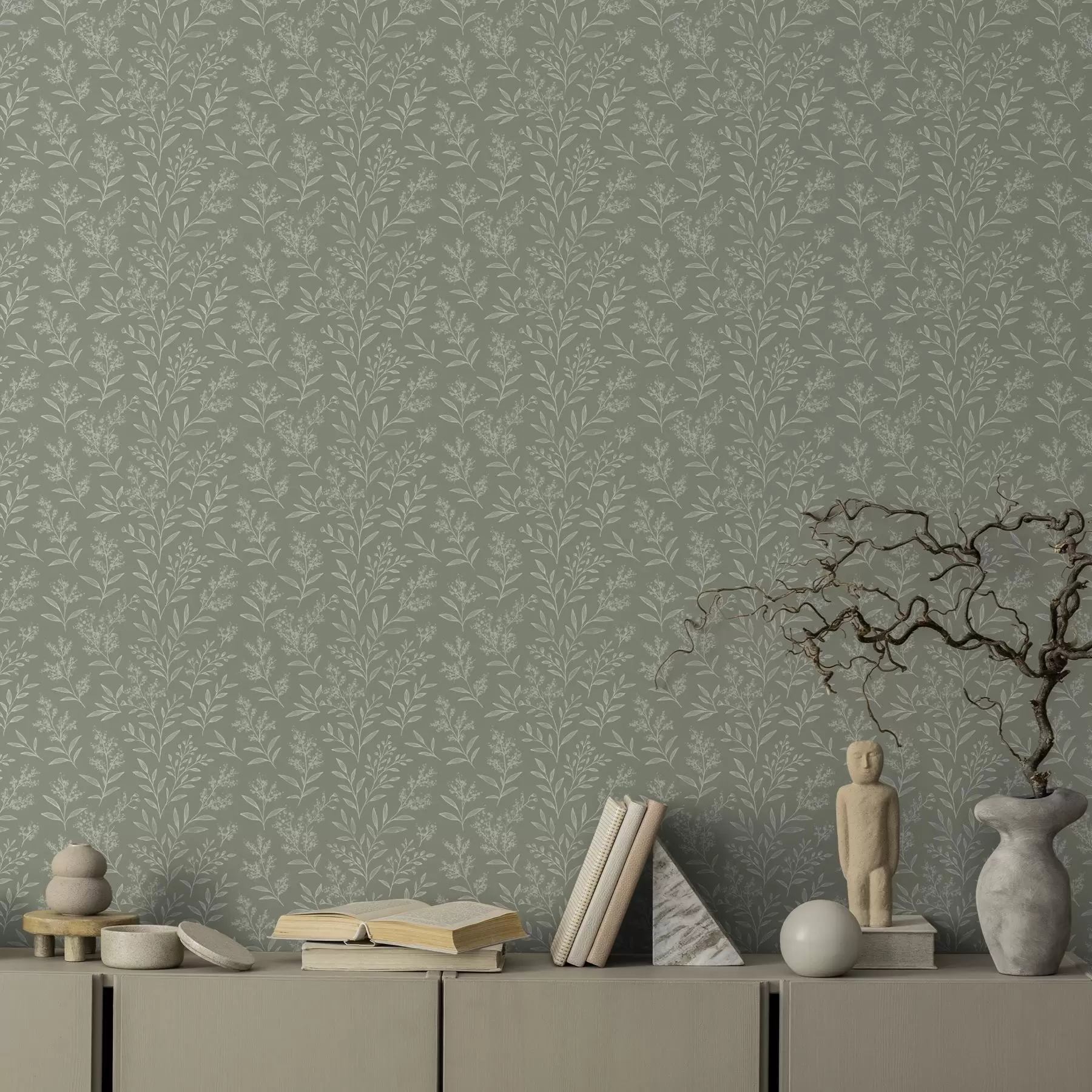 Papier peint Sauge verte : fines herbes et inflorescences, motif délicat a00611