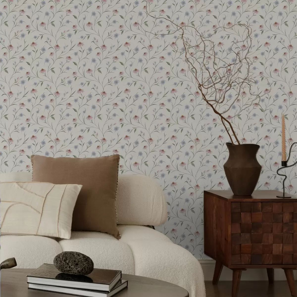 Papier peint Marguerites des champs et échinacée sur fond crème, légèreté a00614