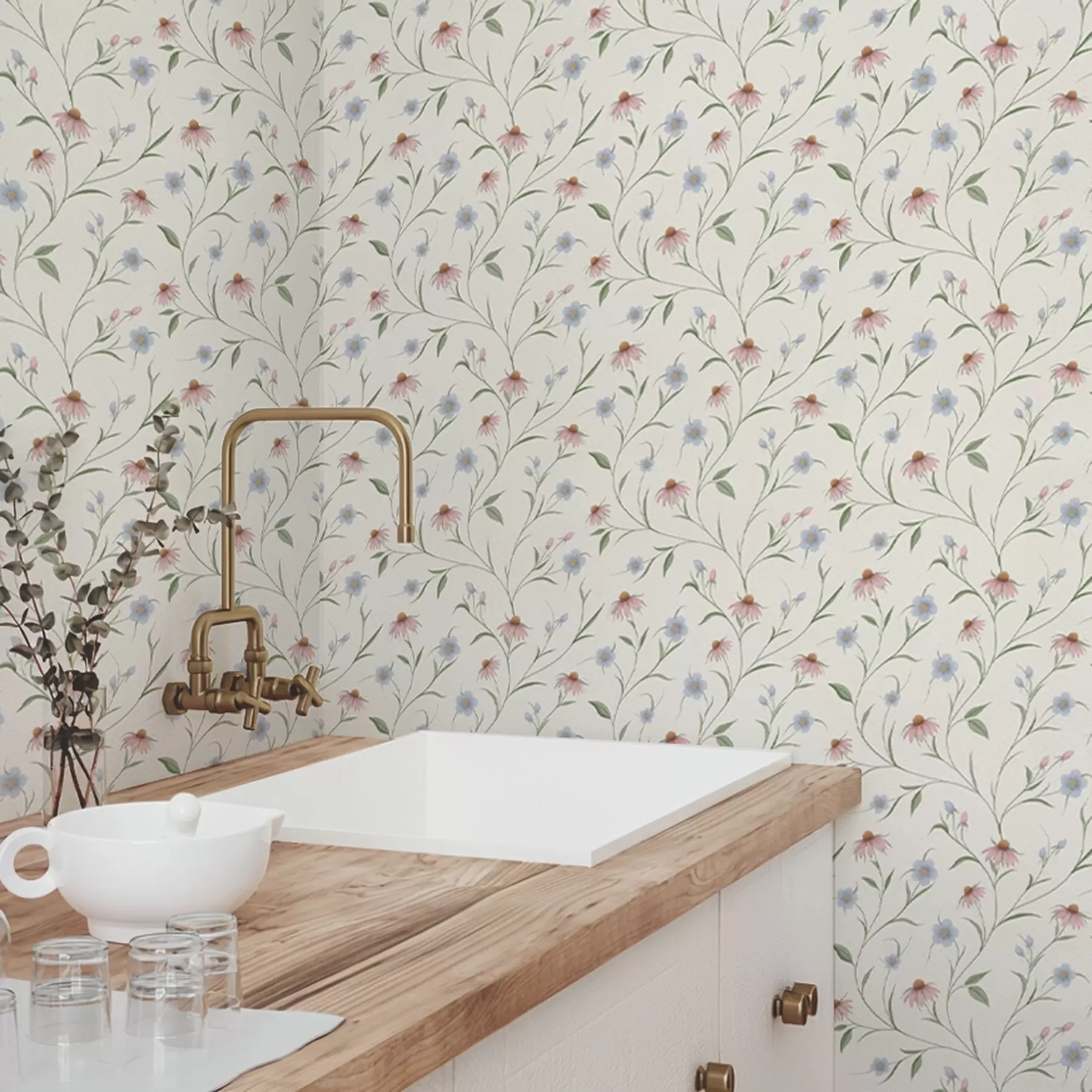 Papier peint Marguerites des champs et échinacée sur fond crème, légèreté a00614