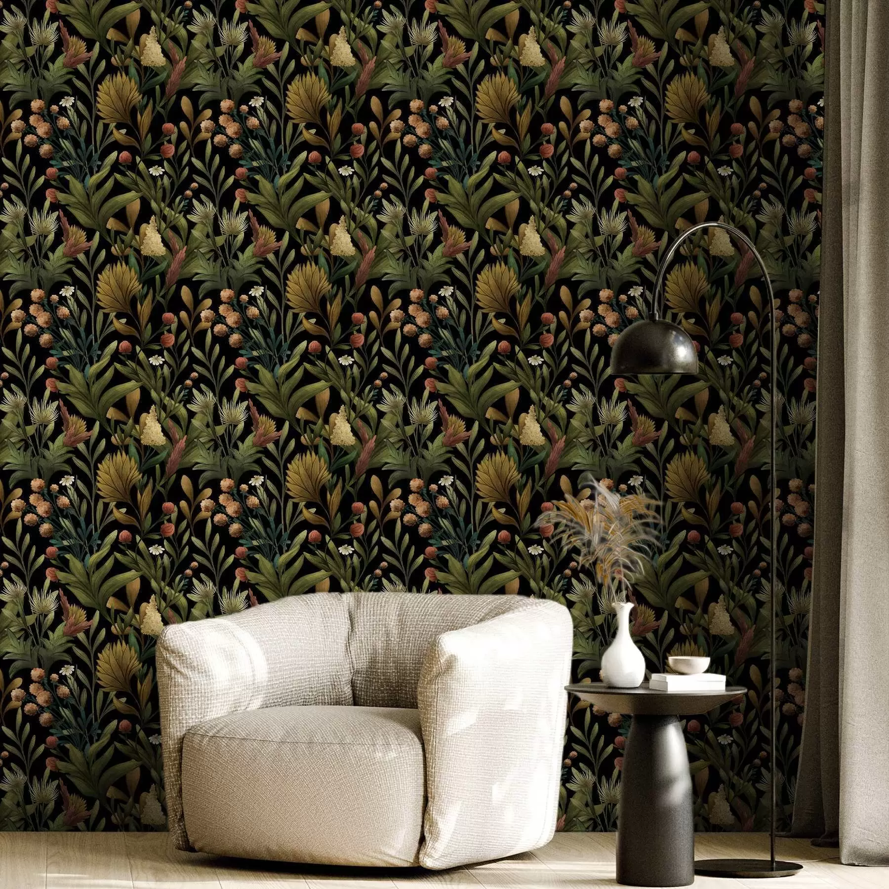 Papier peint Jardin botanique sur fond noir, palette automnale chaleureuse a00619