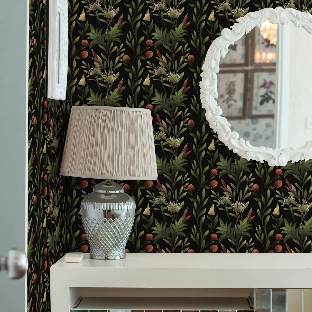 Papier peint Hautes herbes et fleurs sur fond noir, imprimé détaillé a00620