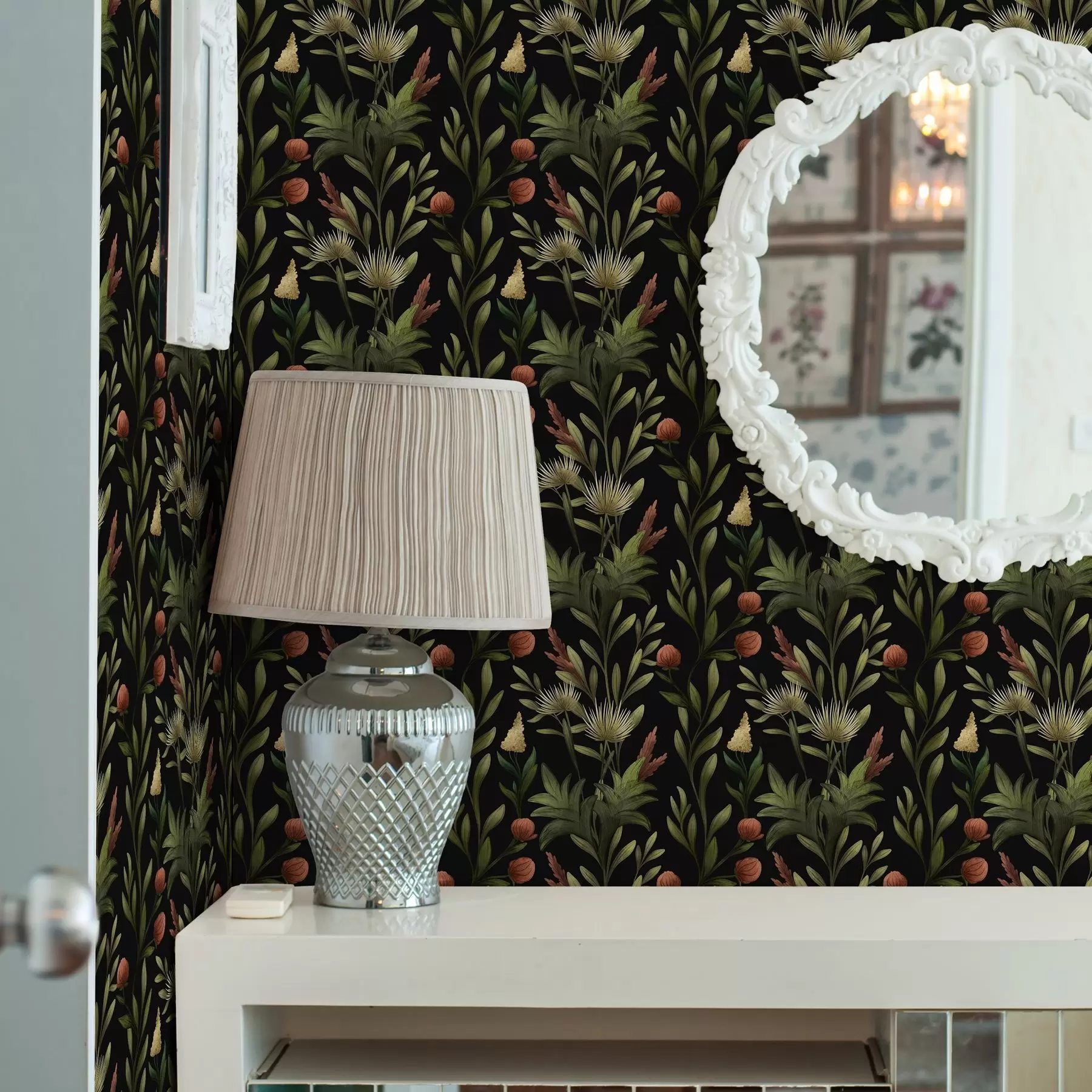 Papier peint Hautes herbes et fleurs sur fond noir, imprimé détaillé a00620