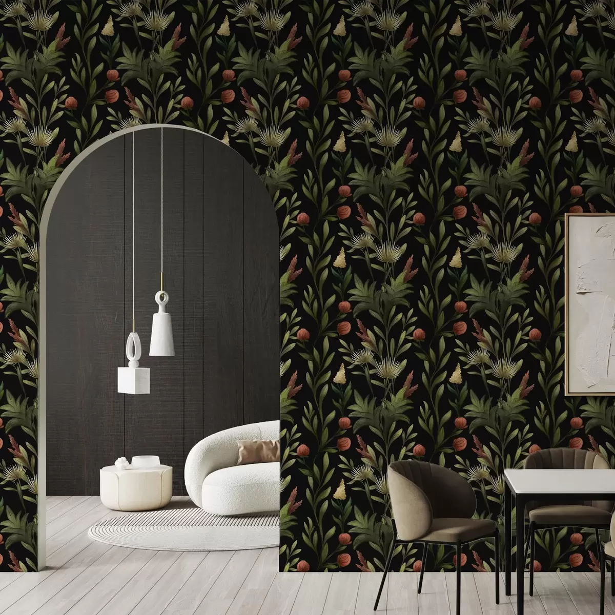 Papier peint Hautes herbes et fleurs sur fond noir, imprimé détaillé a00620