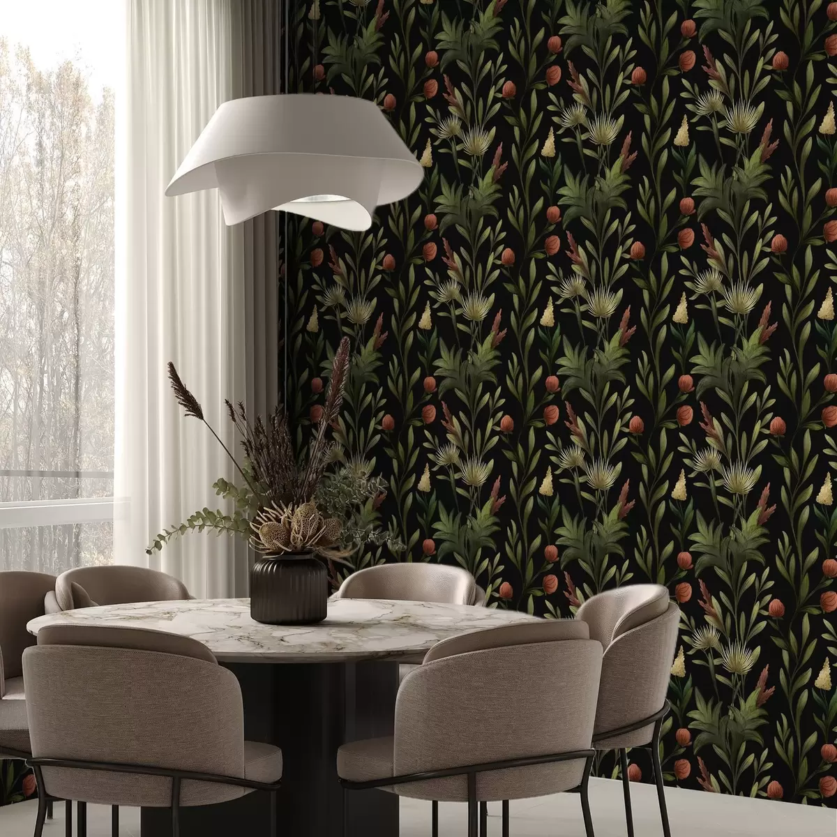 Papier peint Hautes herbes et fleurs sur fond noir, imprimé détaillé a00620