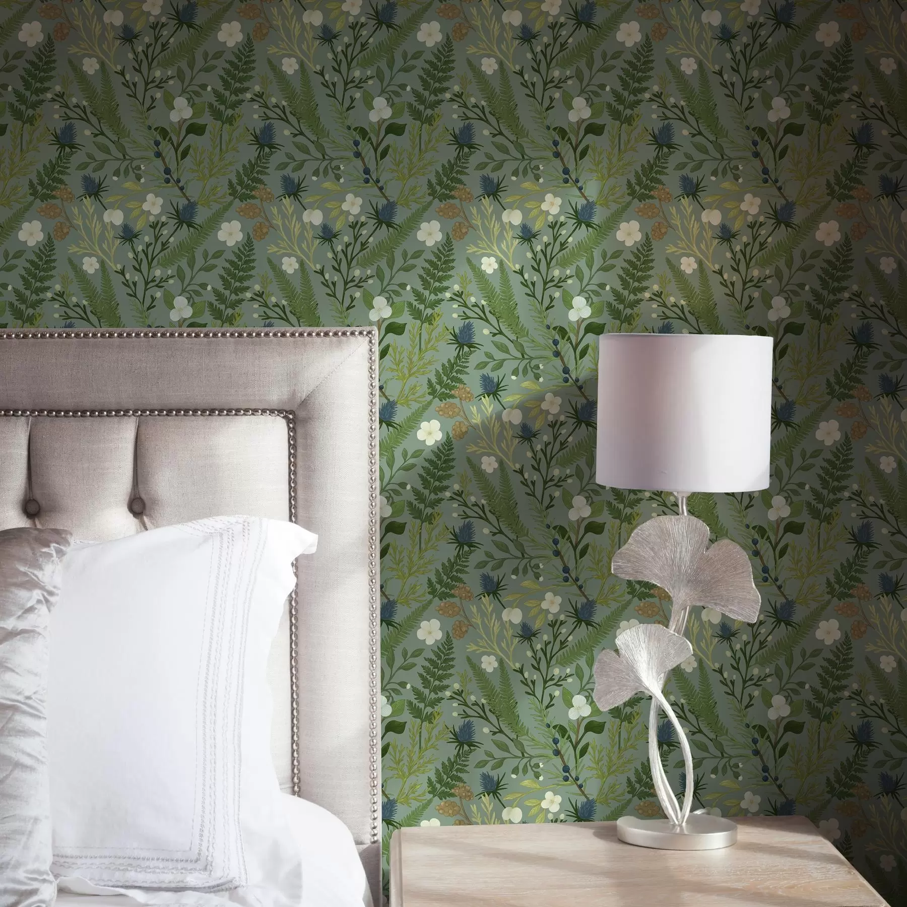 Papier peint Herbes des bois, chicorée et baies sur fond de menthe a00621v1