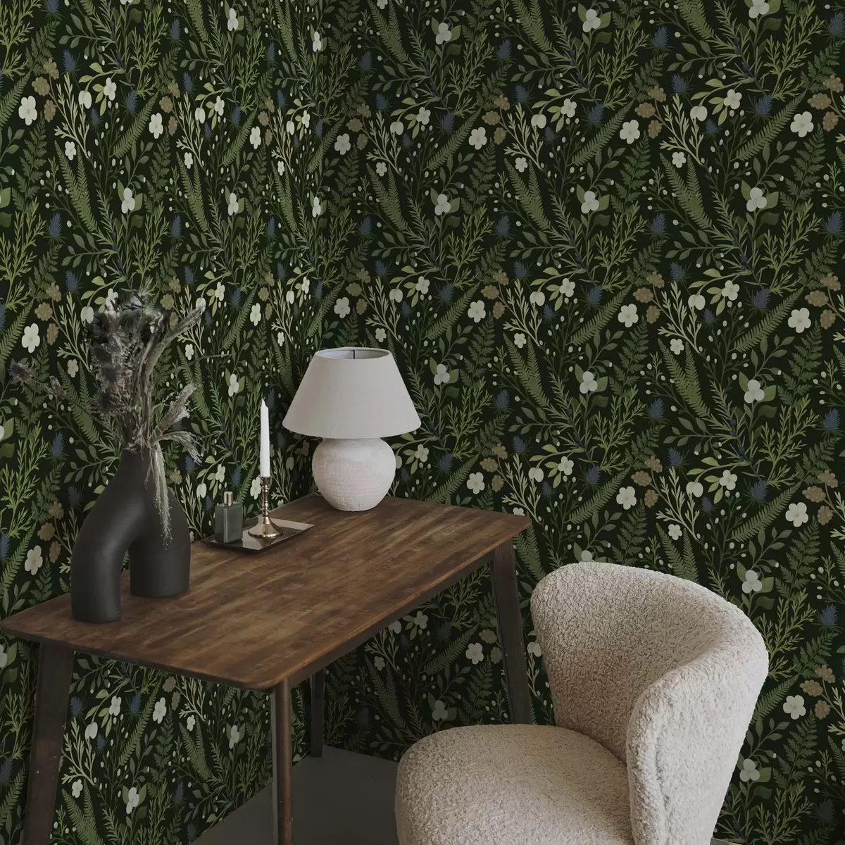 Papier peint Herbes et baies des bois sur fond vert foncé a00621v2