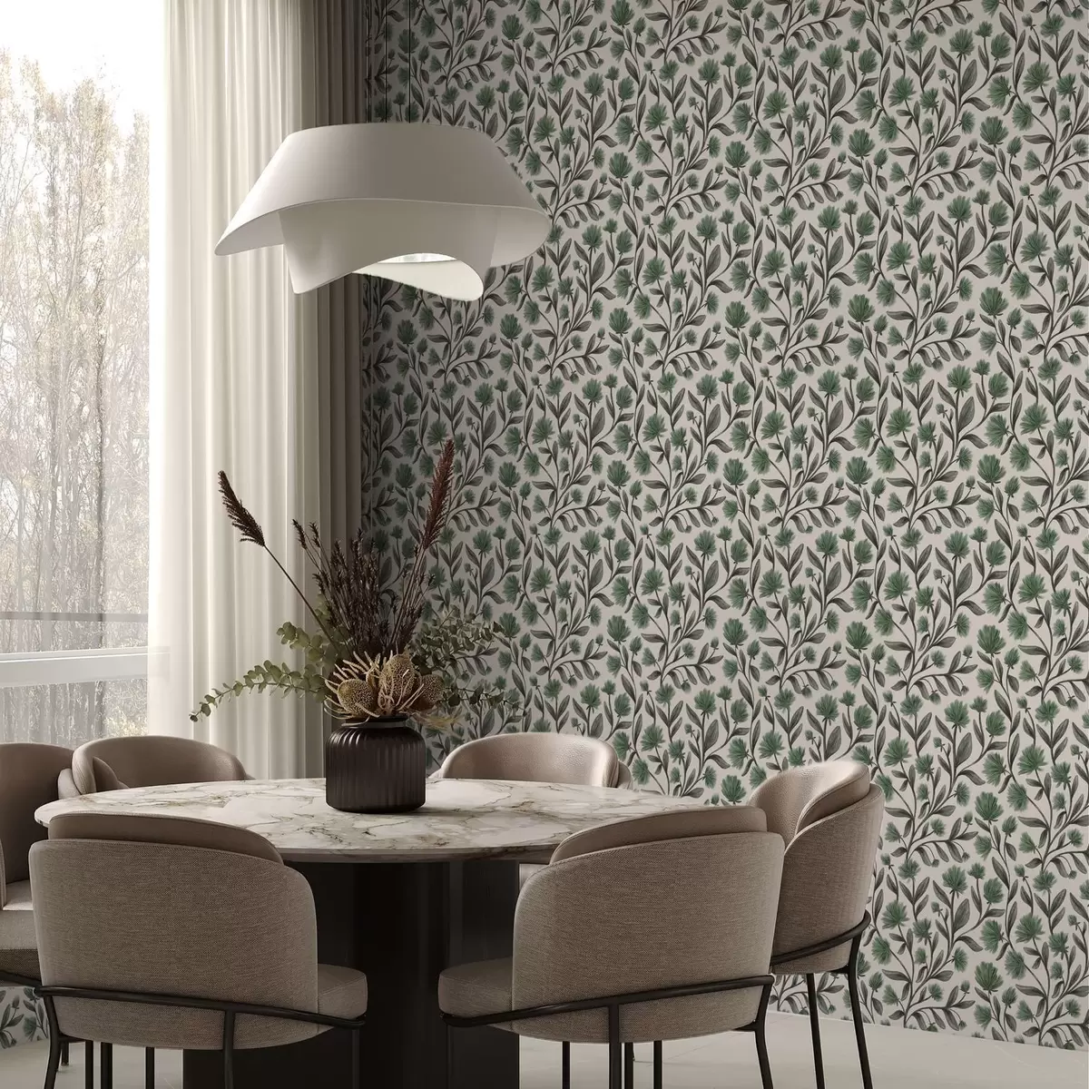 Papier peint Fleurs sauvages dans une palette verte sur fond crème a00623v3