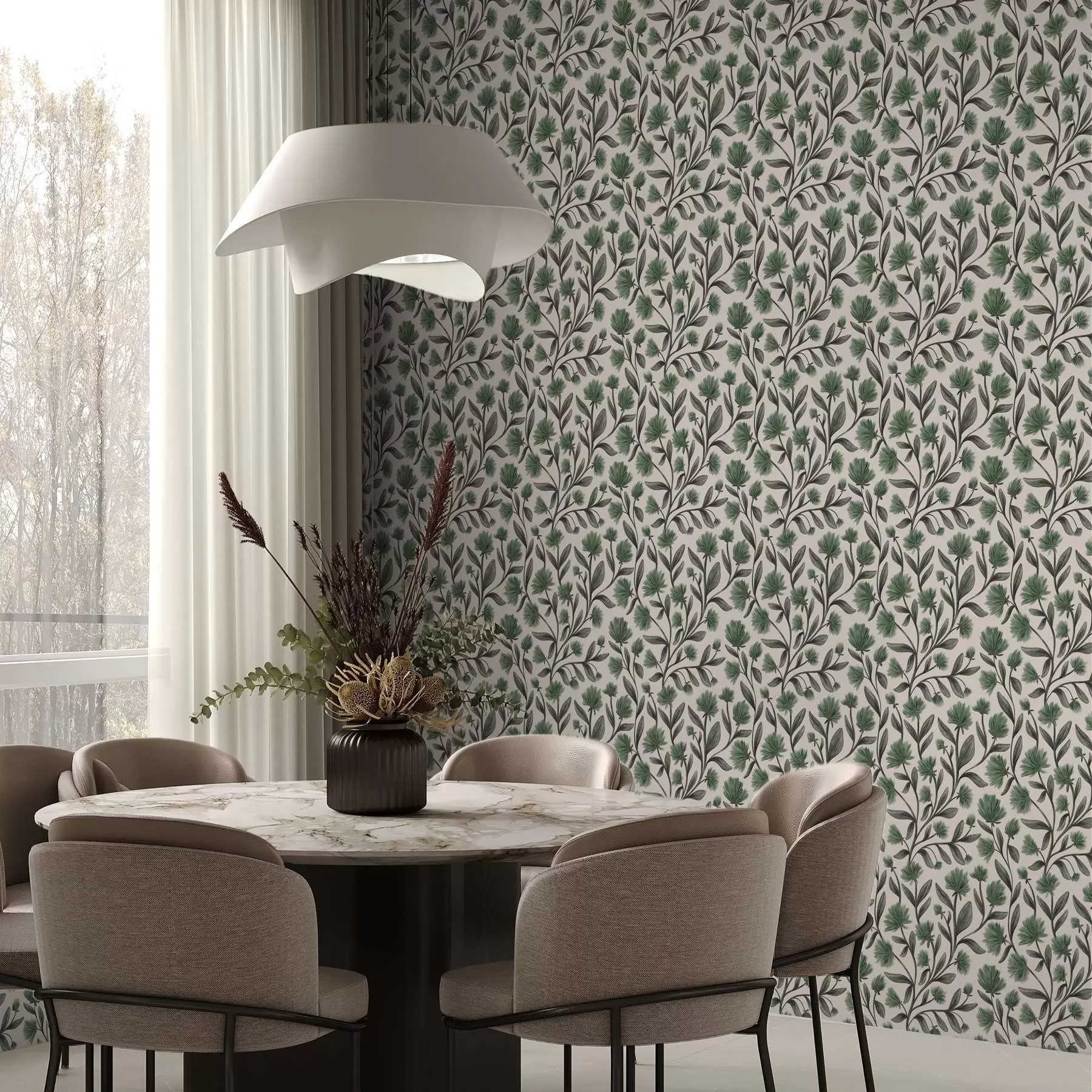 Papier peint Fleurs sauvages dans une palette verte sur fond crème a00623v3