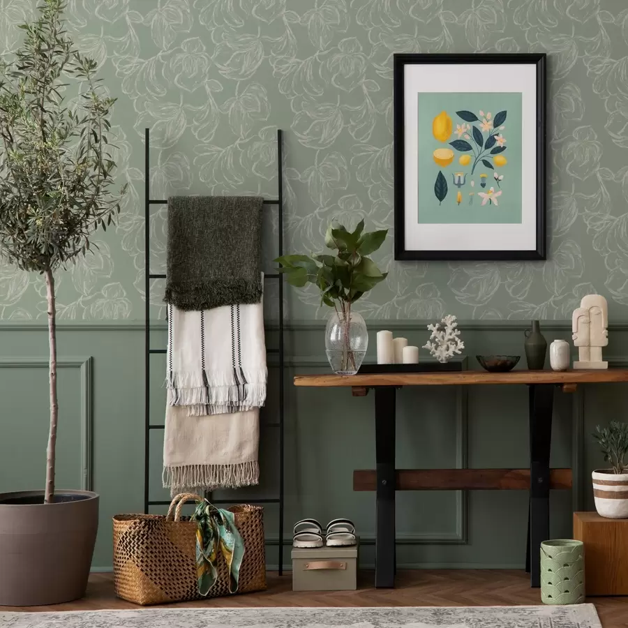 Papier peint Grandes fleurs linéaires, traits de craie sur fond sauge a00625v1