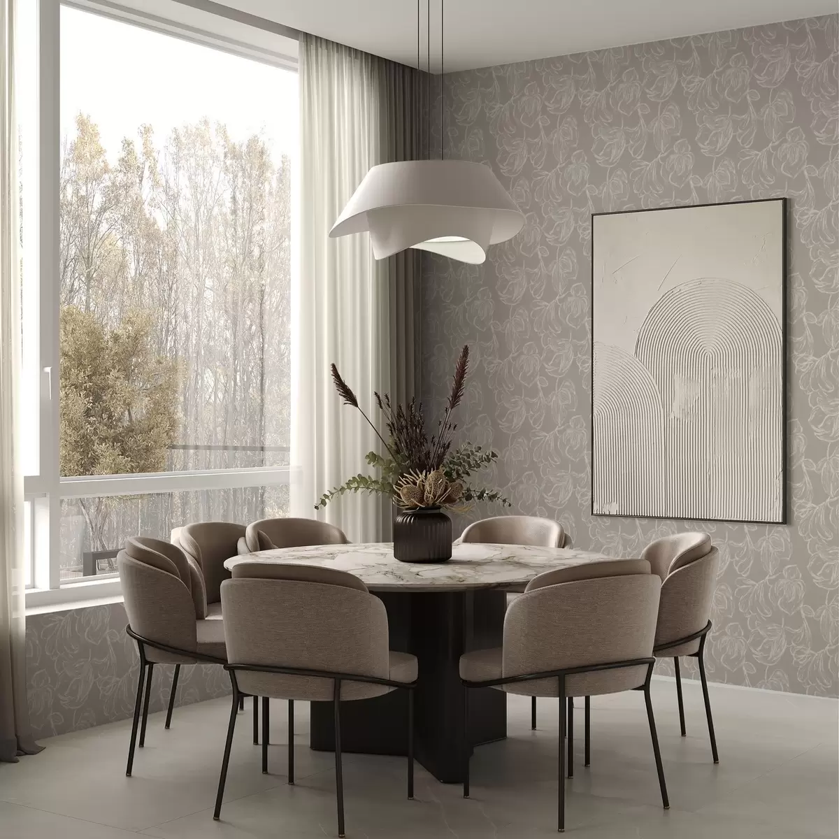 Papier peint Fleurs aux contours crème sur fond taupe chaud a00625v2