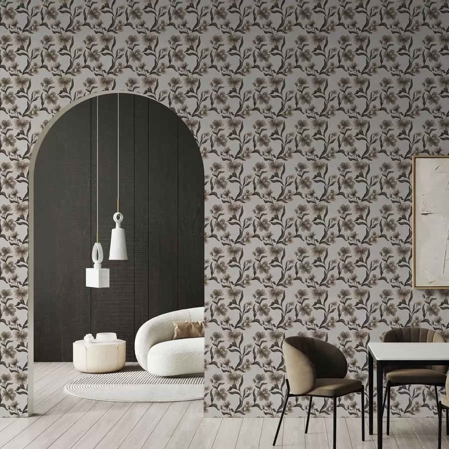 Papier peint Fleurs beiges et branches sombres sur fond gris clair a00626v1
